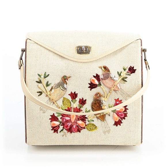 unbranded Handbags - Vintage Embroidered Cream Handbag with Wooden side panels